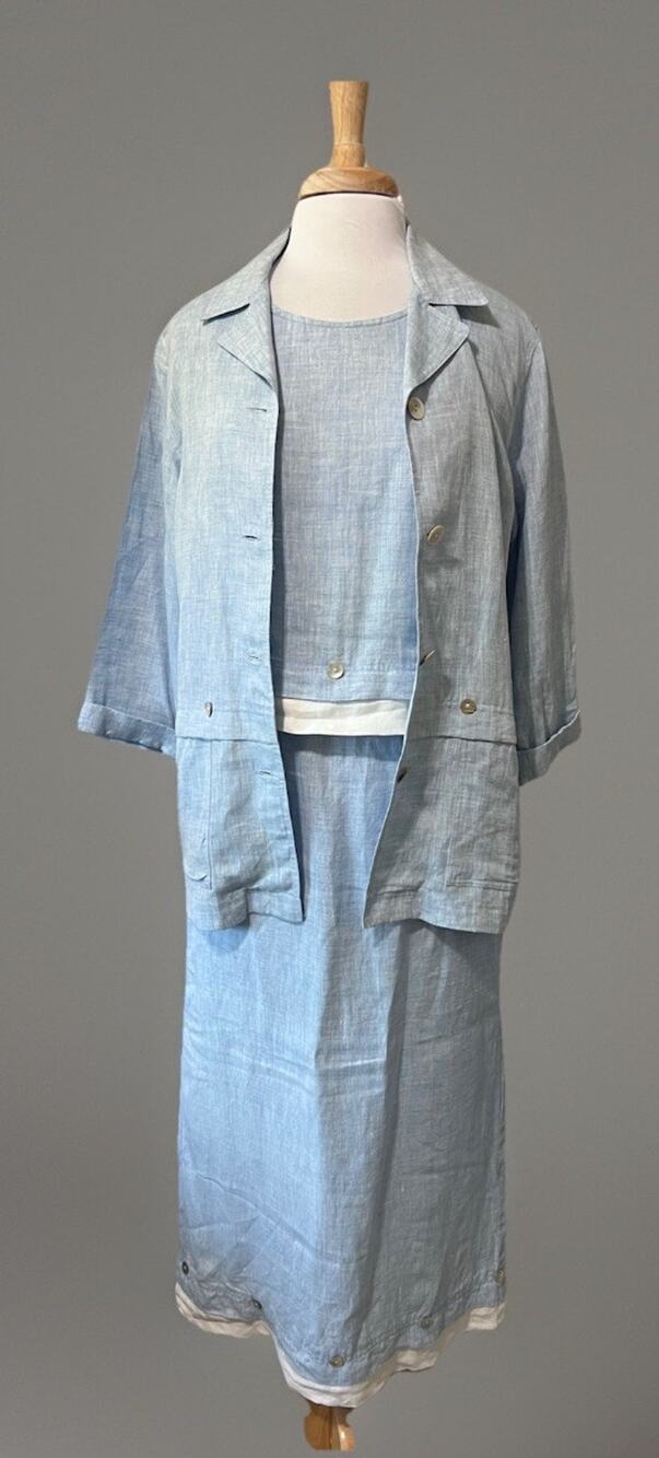 Freeport Studio 100% Linen Set 3pc Shirt Tank Skirt Coastal Casual sz Small Blue